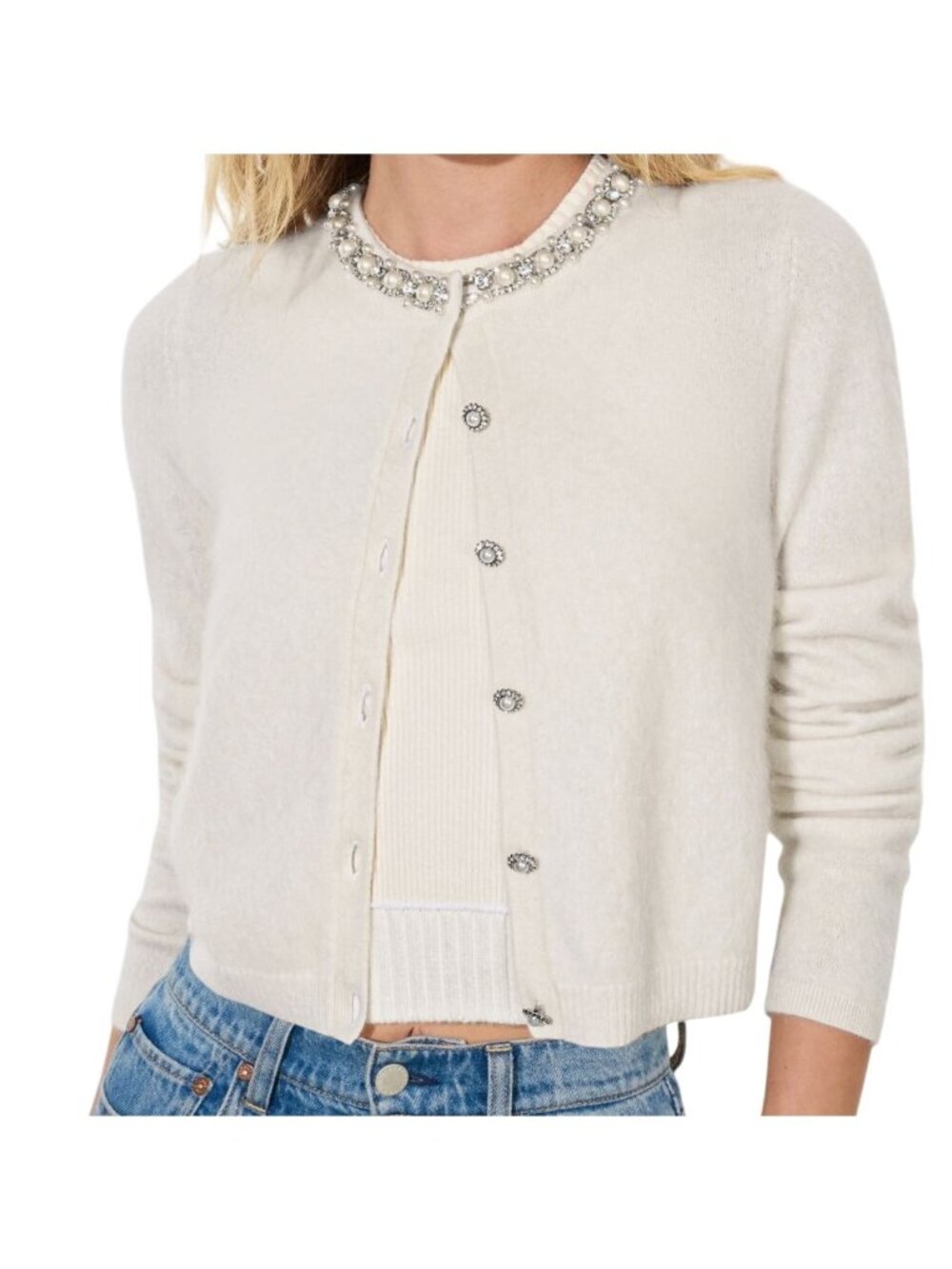 NWT Alice + Olivia Dollie Embellished Cashmere Cardigan Ecru XL MSRP $495